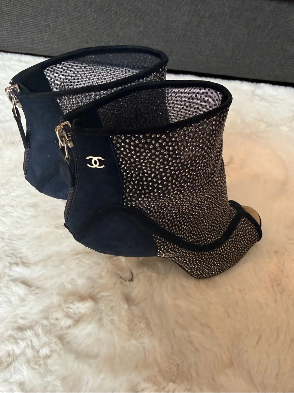 CHANEL Black Crystal Mesh Peep-Toe Booties with Gold Logo